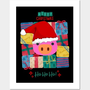 cute pig in santa hat Posters and Art